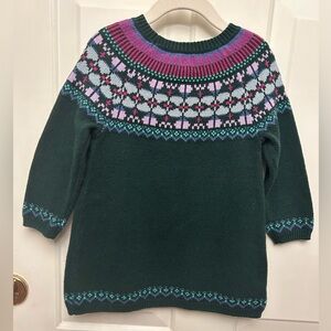 Tea knit dress 3T. Deep green body with fair isle design on top. Pinks/greens
